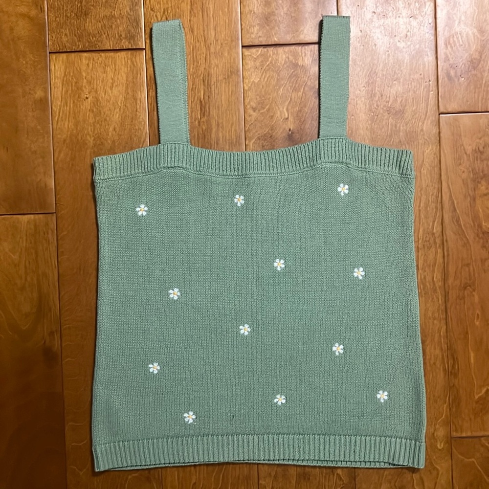 LOFT Outlet Floral Embroidered Knit Tank Top Size S Green Cottagecore Romantic - Picture 2 of 10
